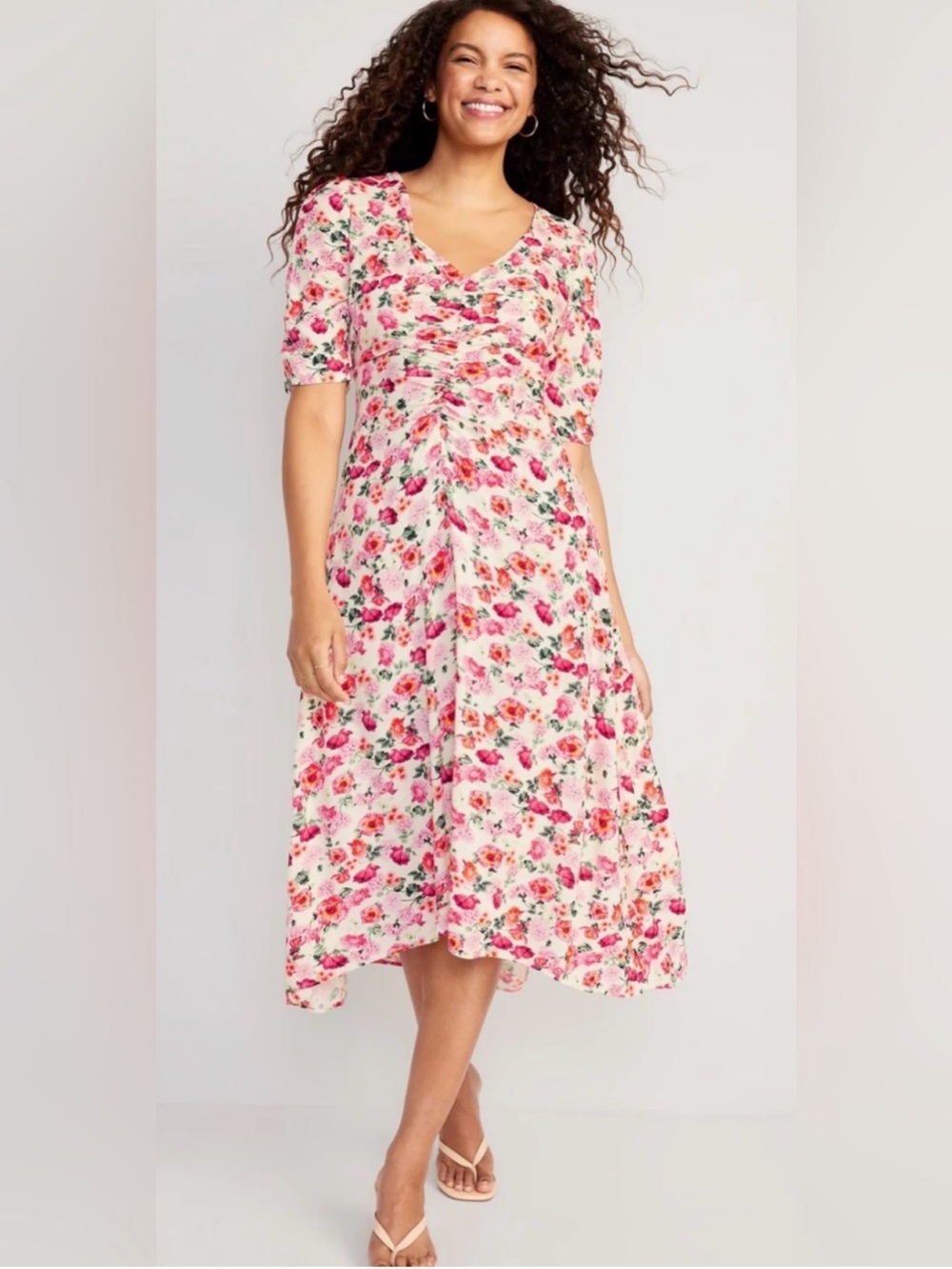 Old Navy White-Pink Floral Crepe Midi Garden dress Size Large